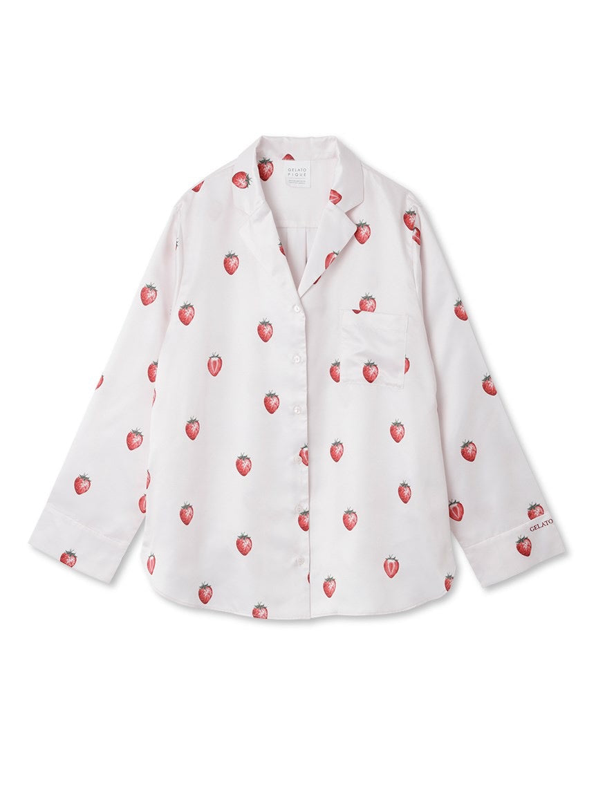 GELATO PIQUE小草莓缎面长袖短裤睡衣套装