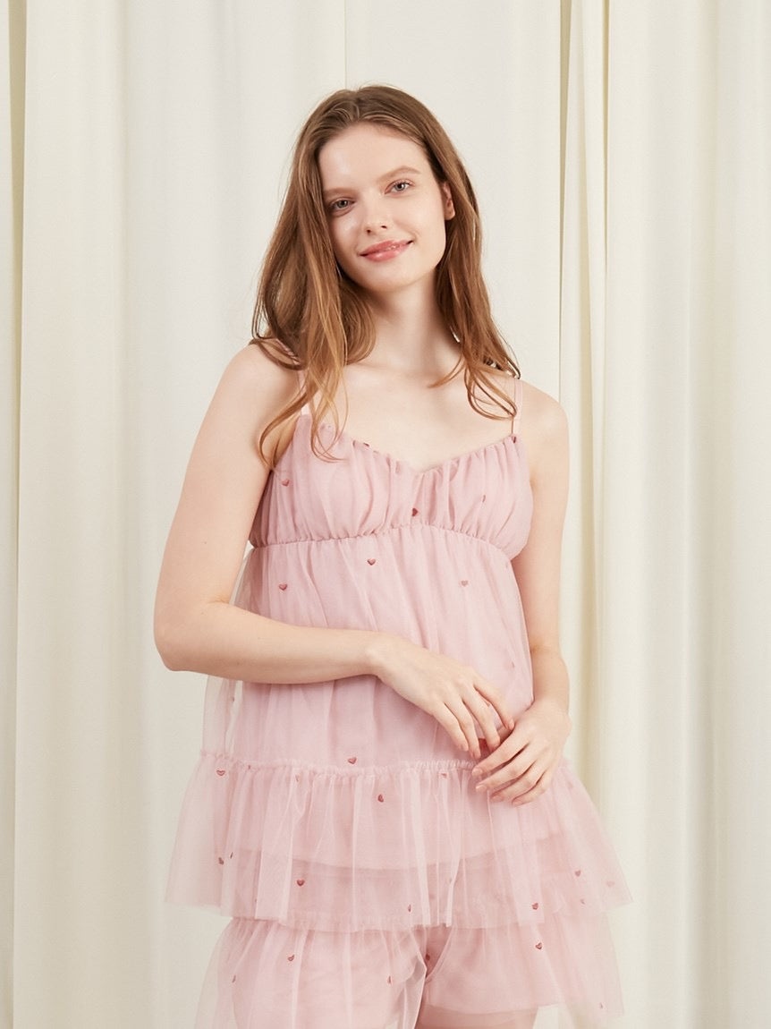 GELATO PIQUE薄纱刺绣爱心带胸垫吊带短裤套装