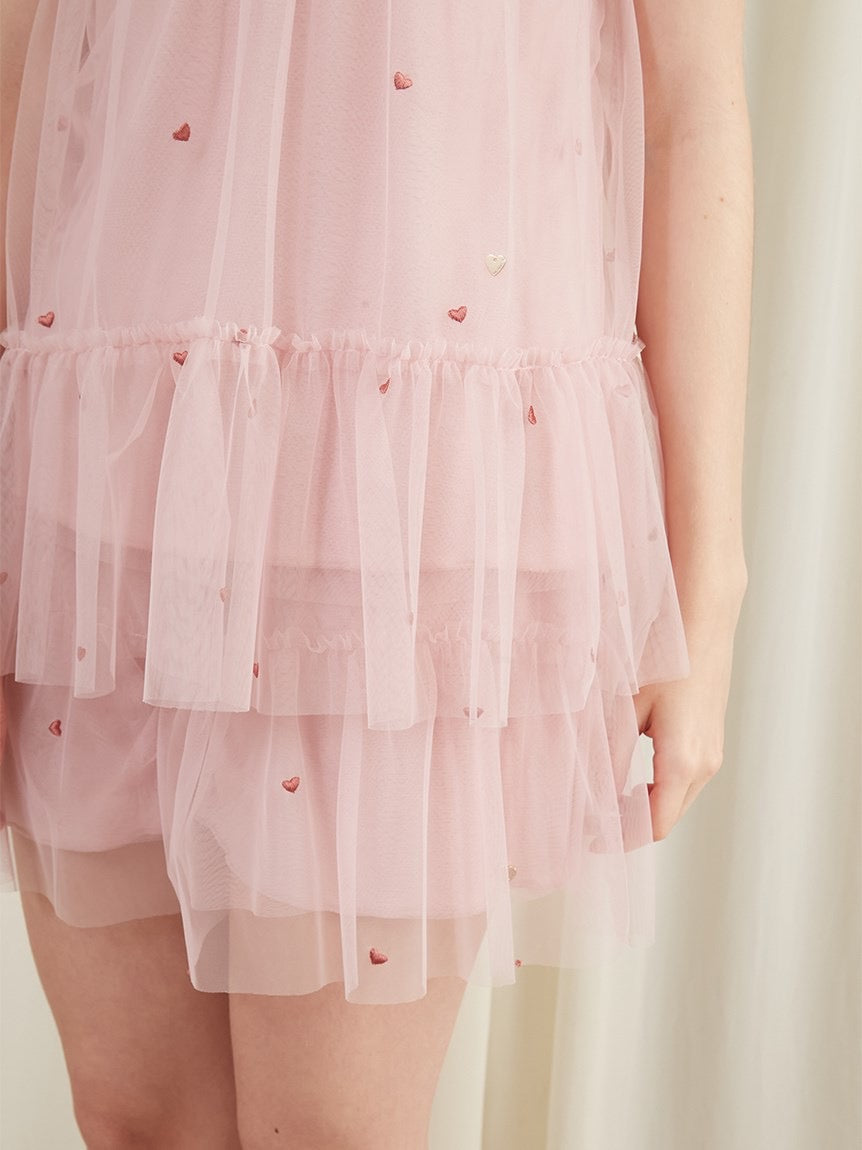 GELATO PIQUE薄纱刺绣爱心带胸垫吊带短裤套装