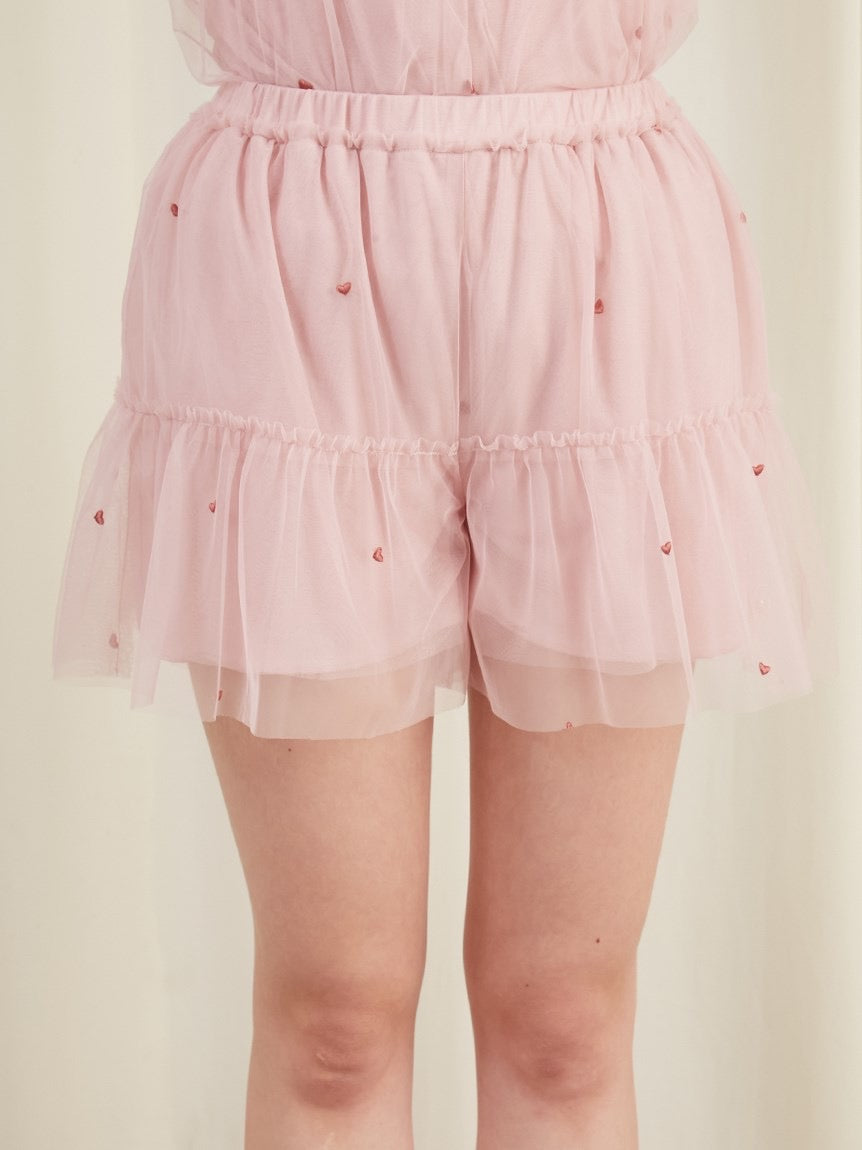 GELATO PIQUE薄纱刺绣爱心带胸垫吊带短裤套装