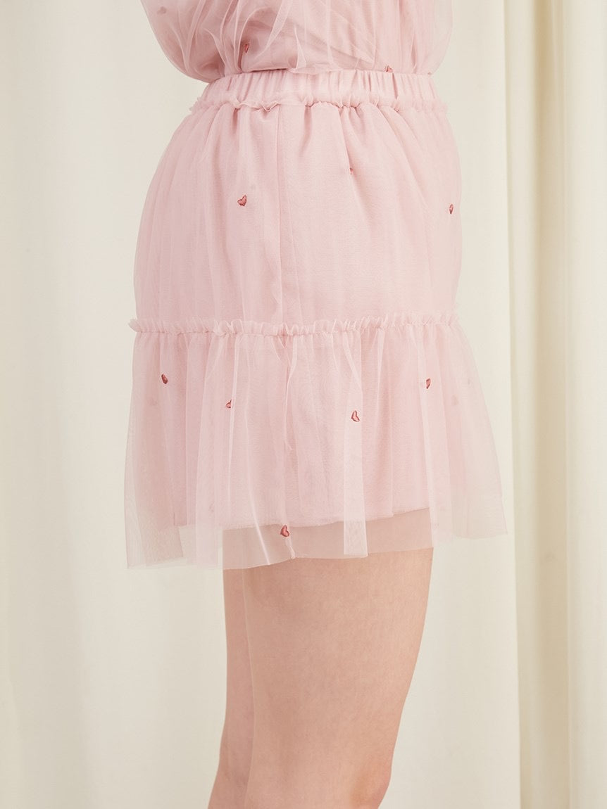 GELATO PIQUE薄纱刺绣爱心带胸垫吊带短裤套装
