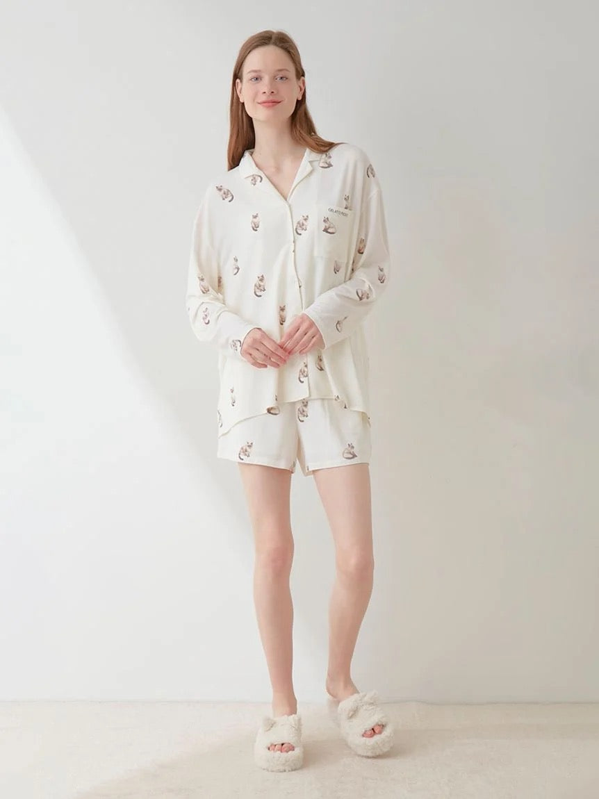 GELATO PIQUE猫咪长袖睡衣+短裤 2色选