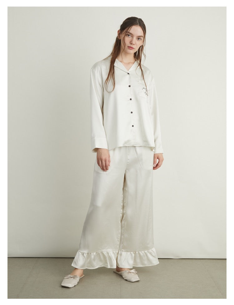 Gelato Pique刺绣logo缎面家居服 上衣+长裤套装 白色